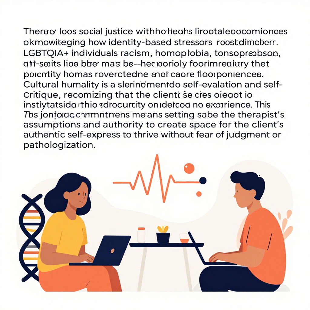 Navigating the Intersections of Multicultural Identities and Social Justice\n\nTherapy does not occur in a vacuum; it exists at the intersection of countless sociopolitical and cultural forces. For marginalized communities, including LGBTQIA+ individuals and those navigating systemic oppression, the therapy room must be a sanctuary that prioritizes cultural humility over cultural competence. Cultural humility is a lifelong commitment to self-evaluation and self-critique, recognizing that the client is the true expert on their own identity and experience. This ongoing commitment means setting aside the therapist’s assumptions and authority to create space for the client's authentic self-expression to thrive without fear of judgement or pathologization.\n\nAddressing social justice within the therapeutic context means acknowledging how identity-based stressors—systemic racism, homophobia, transphobia, and other forms of bias—directly impact mental health. When a client presents with anxiety or family system stress, it is imperative to investigate how broader structural inequities contribute to these challenges. By actively integrating a social justice lens, practitioners can better support clients in reclaiming their narratives, fostering advocacy, and building self-worth that is insulated from harmful external judgment. Creating an inclusive space requires more than a statement of support; it requires an active, ongoing effort to understand the unique stressors faced by multicultural and LGBTQIA+ identities, ensuring that the therapeutic journey allows for the full expression and affirmation of these diverse experiences. As we know, effective care is inevitably rooted in recognizing the client's position within these complex social constructs. This perspective also mandates that therapists engage in their own work—exploring their own privileges, biases, and blind spots—to prevent the clinical space from unintentionally replicating the dynamics of oppression that the client faces in their daily life. The therapeutic relationship is thus transformed from a hierarchical engagement into a collaborative, justice-oriented alliance that actively facilitates healing. For the LGBTQIA+ community, this means not only acknowledging the challenges they face, but proactively affirming their identity and celebrating the unique resilience and community-building inherent in their lived experience. We are not just treating a person with anxiety; we are listening to a person whose anxiety is deeply entwined with their struggle for fundamental dignity, recognition, and safety