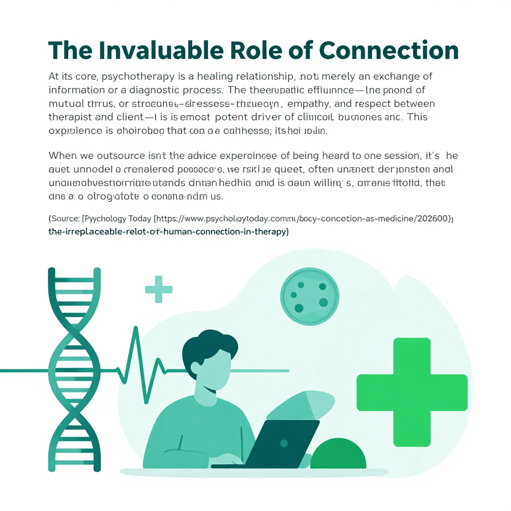 The Invaluable Role of Connection\n\nAt its core, psychotherapy is a healing relationship, not merely an exchange of information or a diagnostic process. The therapeutic alliance—the bond of mutual trust, empathy, and respect between therapist and client—is the most potent driver of clinical outcomes. This connection is not something that can be simulated; it is lived. (Source: Psychology Today)\n\nAI, while capable of linguistic manipulation, fundamentally lacks the capacity for genuine engagement. It can mirror back phrases or structure responses based on predictive models, but when a client feels heard at the deepest levels, it is because they are in the presence of another human being who can experience, understand, and bear witness to their pain. When we outsource the initial experience of being heard to an algorithm, we risk turning a therapeutic journey into a transactional one. The medicine of therapy isn't the advice dispensed at the end of the session; it’s the quiet, often unstated acknowledgment that another person understands where we are and is willing to stay there with us. This is the irreplaceable threshold of human connection. The concept of co-regulation—the process of borrowing stability from another person’s regulated presence—is central to trauma healing, and it is here that AI fails most profoundly. It cannot calm a nervous system; it can only deliver data in a calm tone. The healing potential of therapy relies on the reciprocal flow of emotion, reaction, and understanding. Without this human-centric core, we risk commodifying the therapeutic encounter at a time when deep, meaningful connection is more critical than ever. The therapeutic space is meant to be a sanctuary from the transactional nature of the modern world, not a continuation of it through digital means