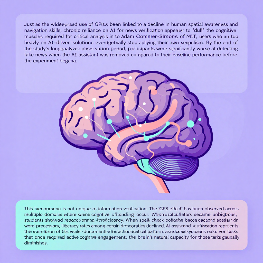 The 'GPS Effect' for Information\n\nJust as the widespread use of GPS has been linked to a decline in human spatial awareness and navigation skills, chronic reliance on AI for news verification appears to 'dull' the cognitive muscles required for critical analysis. According to Adam Conner-Simons of MIT, users who lean too heavily on AI-driven solutions eventually stop applying their own skepticism. By the end of the study's longitudinal observation period, participants were significantly worse at detecting fake news when the AI assistant was removed compared to their baseline performance before the experiment began.\n\nThis phenomenon is not unique to information verification. The 'GPS effect' has been observed across multiple domains where cognitive offloading occurs. When calculators became ubiquitous, students showed reduced mental math proficiency. When spell-check software became standard in word processors, literacy rates among certain demographics declined. AI-assisted news verification represents the latest iteration of this well-documented psychological pattern: as external systems take over tasks that once required active cognitive engagement, the brain's natural capacity for those tasks gradually diminishes.\n\nLearn more about how Digital Transformation is reshaping our cognitive abilities in our deeper exploration of human-technology interaction