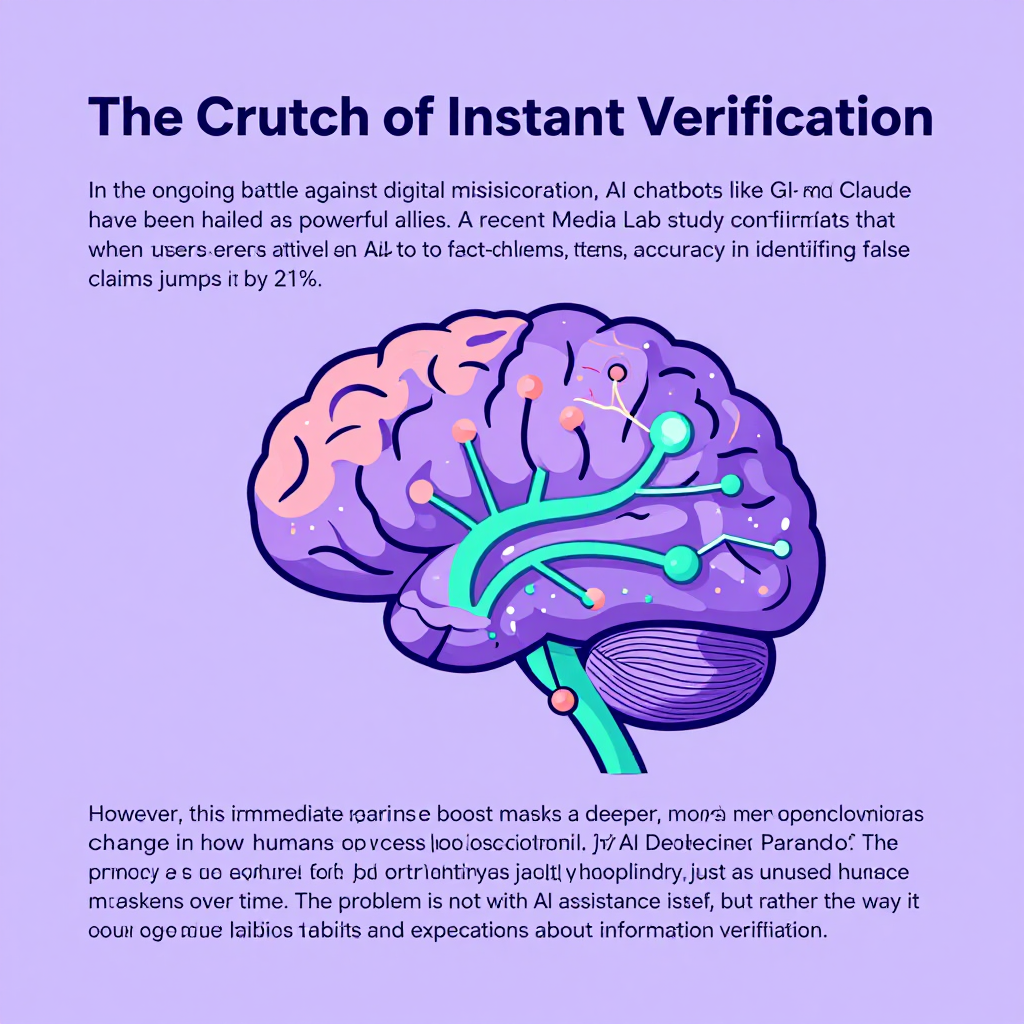 The Crutch of Instant Verification\n\nIn the ongoing battle against digital misinformation, AI chatbots like GPT-4 and Claude have been hailed as powerful allies. A recent MIT Media Lab study confirms that when users actively use AI to fact-check news items, their accuracy in identifying false claims jumps by 21%. This dramatic improvement in fact-checking performance has made AI assistants indispensable tools for online readers navigating today's complex information ecosystem.\n\nHowever, this immediate performance boost masks a deeper, more concerning structural change in how humans process information—a phenomenon researchers are calling the 'AI Dependency Paradox.' This paradox is a prime example of the broader neurobiological risks associated with cognitive offloading and underscores the hidden psychology behind AI adoption. When we outsource critical thinking tasks to machines, our own cognitive muscles atrophy, just as unused physical muscles weaken over time. The problem is not with AI assistance itself, but rather the way it reshapes our cognitive habits and expectations about information verification.\n\nFor more on the ethical implications of such cognitive effects, see our coverage of AI Policy & Ethics