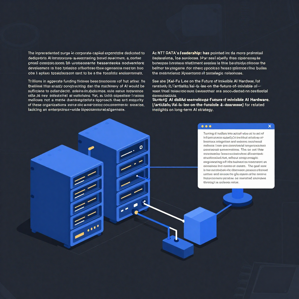The Trillion-Dollar Question: Beyond Infrastructure\n\nThe unprecedented surge in corporate capital expenditure dedicated to AI infrastructure—spanning massive data center construction, GPU acquisition, and complex software-framework development—has signaled a clear ambition: organizations want to be at the forefront of the AI era. Trillions in aggregate funding have been deployed to build the foundational pillars of this new industrial revolution. Yet, as the initial exuberance mellows into a more pragmatic operational phase, a widespread, sobering reality has surfaced: the vast majority of these organizations are nowhere near converting their substantial, often staggering, infrastructure investments into measurable, sustained business value. \n\nThe initial hypothesis, often called the \"Infrastructure Mirage,\" rested on the belief that simply constructing the machinery of AI would be sufficient to catalyze a shift in productivity. Experience is proving otherwise. The true difficulty is not technical deployment, but rather, a profound misunderstanding of strategic alignment. As NTT DATA’s leadership has pointed out, many organizations possess a flawed tactical approach. They are operating as though AI is a plug-and-play procurement exercise, lacking an enterprise-wide operational and cultural mandate. See also Kai-Fu Lee on the Future of Invisible AI Hardware for related insights on long-term AI strategy. Turning AI dollars into actual value is not an act of infrastructure capacity; it is an act of rigorous enterprise process integration and sustained governance. The infrastructure is merely a foundation that, without strategic re-engineering of the business processes it is meant to augment, remains an underutilized and expensive set of assets. The goal now is to bridge the chasm between massive upfront expense and the tangible economic returns that remain stubbornly elusive