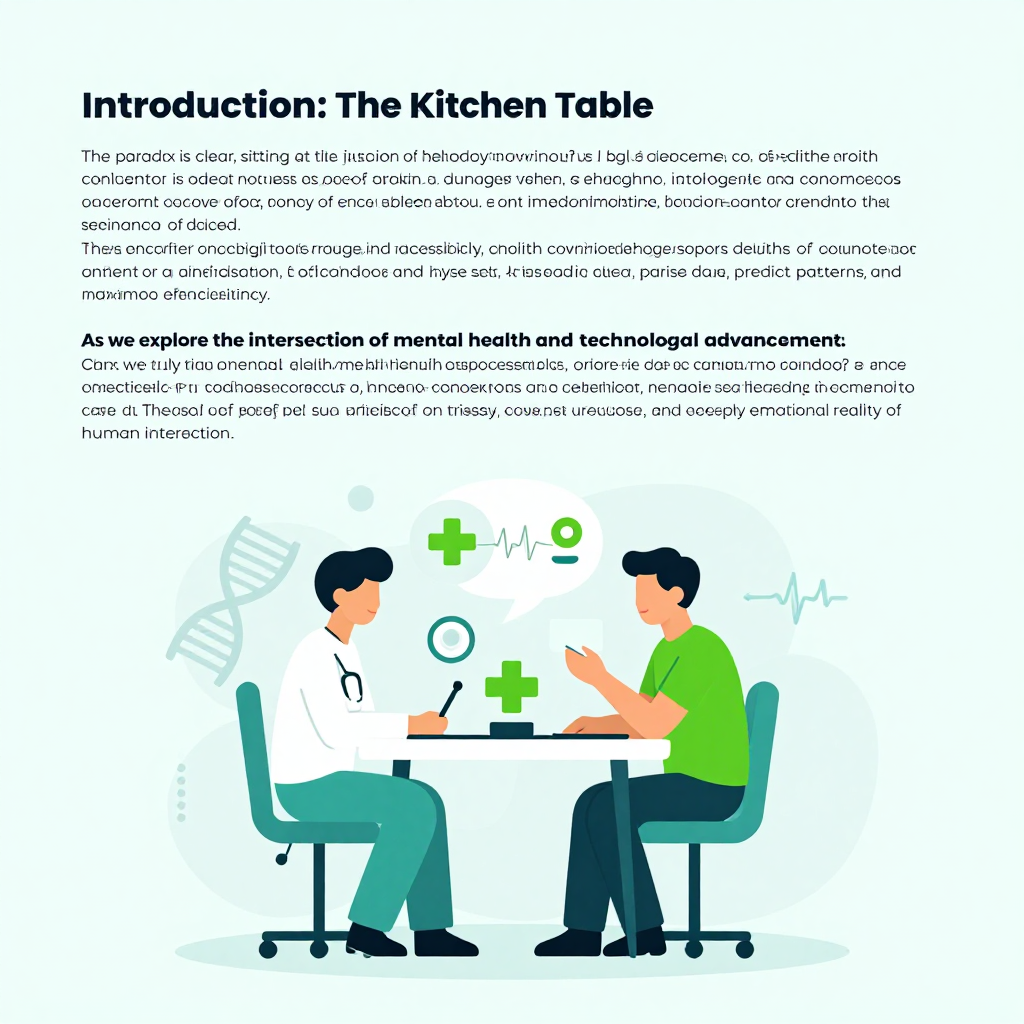 Introduction: The Kitchen Table\n\nIn a world increasingly dominated by digital interfaces, it is startling—yet perhaps necessary—to sit at a kitchen table and discuss a topic that feels profoundly out of place: Artificial Intelligence in therapy. The paradox is clear, sitting at the junction of human intimacy and cold calculation. Therapy is, fundamentally, an act of being with another human, a shared vulnerability in a sacred space where silence, touch, and eye contact convey depths of meaning that language alone cannot capture. AI, for all its computational brilliance, is a feat of algorithmic optimization, designed to parse data, predict patterns, and maximize efficiency.\n\nAs we explore the intersection of mental health and technological advancement, we must ask the critical questions: Can we truly triage mental health using chatbots, or are we simply automating the superficial? Does the convenience of an instantaneous response outweigh the depth found in a therapeutic relationship built over time? This exploration is not a rejection of progress, but a necessary recalibration. (Source: Psychology Today) While AI offers promising tools for triage and accessibility, it lacks the essential, healing mechanism of direct human connection that cannot be engineered in a codebase. The heart of therapy—empathy, intuition, and shared presence—remains inherently, uniquely human. We are standing at a crossroads where efficiency cannot dictate the quality of our care. True healing, after all, does not occur in a vacuum, and it certainly does not occur in a data set. Instead, it flourishes in the messy, unstructured, and deeply emotional reality of human interaction. Reaffirming this distinction is crucial as we navigate an increasingly digitized landscape of care