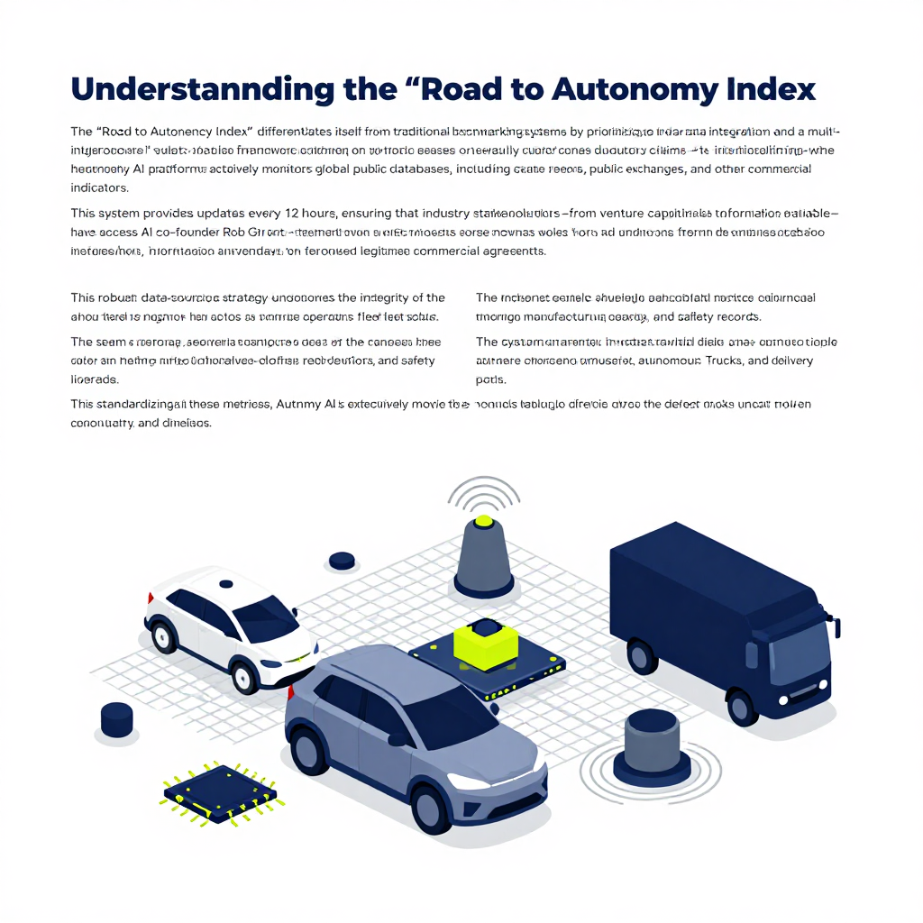 Understanding the 'Road to Autonomy Index': A New Standard of Benchmarking\n\nThe 'Road to Autonomy Index' differentiates itself from traditional benchmarking systems by prioritizing real-time data integration and a multi-faceted evaluation framework. Rather than relying on sporadic press releases or carefully curated manufacturer claims—which historically clouded the industry with hype—the Autnmy AI platform actively monitors global public databases, including federal and state reports, public exchanges, and other commercial indicators. \n\nThis system provides updates every 12 hours, ensuring that industry stakeholders—from venture capitalists to policy makers—have access to the most current information available. According to Autnmy AI co-founder Rob Grant, the platform’s transparency approach is crucial to its reliability. The team has made a point to ensure that the platform does not merely scrape information from the internet. Instead, it relies on publicly available information, data under Creative Commons licensing, or information secured through legitimate commercial agreements. \n\nThis robust data-sourcing strategy underscores the integrity of the rankings, which weigh factors such as vehicle operations, fleet scale, total commercial partnerships, manufacturing capacity, and safety records. The system currently maintains four distinct indices covering robotaxis, autonomous driving licensing, autonomous trucks, and delivery bots. This breakdown is vital for investors and policy makers trying to distinguish between different facets of the autonomous transportation market, which operate on drastically different technical and regulatory timelines. By standardizing these metrics, Autnmy AI is effectively moving the goalposts from speculative potential to measurable, real-world utility