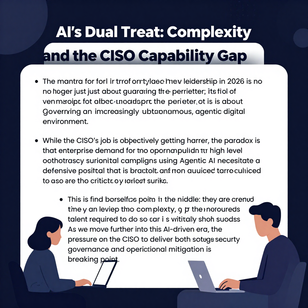 AI's Dual Threat: Complexity and the CISO Capability Gap\n\n### Introduction\nThe role of the Chief Information Security Officer (CISO) has never been more pivotal, nor more precarious, than in 2026. As artificial intelligence embeds itself into every corner of the enterprise—from customer-facing applications and operational workflows to backend infrastructure—the cybersecurity landscape is undergoing a fundamental shift. For CISOs, this transition brings a dual threat: an explosion in architectural complexity and a widening capability gap that is becoming increasingly difficult to bridge. \n\nThe mantra for security leadership in 2026 is no longer just about guarding the perimeter; it is about governing an increasingly autonomous, agentic digital environment. While the CISO's job is objectively getting harder, the paradox is that enterprise demand for high-level cybersecurity expertise remains more robust than ever. Organizations are desperate for leaders who can navigate this complexity, yet the resources and talent required to do so are in critically short supply. As we move further into this AI-driven era, the pressure on the CISO to deliver both strategic security governance and operational mitigation is reaching a breaking point.\n\nThe challenge is multi-faceted. AI does not merely introduce new vulnerabilities; it fundamentally alters the velocity and scale at which attacks can be carried out. The automation of threat intelligence gathering, the rapid generation of polymorphic malware, and the ability for adversaries to orchestrate sophisticated campaigns using Agentic AI necessitate a defensive posture that is both faster and more nuanced than human-led teams can achieve on their own. CISOs find themselves caught in the middle: they are charged with adopting AI to secure the organization while simultaneously building guardrails to protect against AI-originated risks. This is the strategic crucible of the modern CISO. The task ahead requires not just technical prowess but a fundamental restructuring of how risk is perceived and mitigated in an era of machine-speed threats. As we look at the landscape in 2026, the intersection of rapid AI development, organizational complexity, and a severely constrained talent pool creates an environment where the CISO must transcend the traditional role of a defensive technical lead and become a strategic business partner, adept at maneuvering through a perpetually unfolding landscape of AI-enabled threats. This evolution, while necessary, demands more time and resources than most security functions currently possess. Organizations across all sectors—from fintech to healthcare—are finding that the traditional methodologies of security, centered on static controls and periodic auditing, are increasingly insufficient in the face of dynamic, AI-driven adversaries. The CISO, therefore, is not merely managing a technical function; they are tasked with building a resilient, adaptable posture in an environment that is, by its very nature, unstable and unprecedented in its level of risk sophistication. It is a defining challenge of our time, and for those who lead in this space, it is a test of vision, endurance, and strategic agility. Everything that has defined success for the CISO in the past decade—perimeter defense, compliance-driven policy, and SOC-centric operations—is being challenged by the realities of an AI-augmented threat landscape. The road ahead for these leaders is fraught with complexity, demanding that they become architects of a new, AI-resilient future